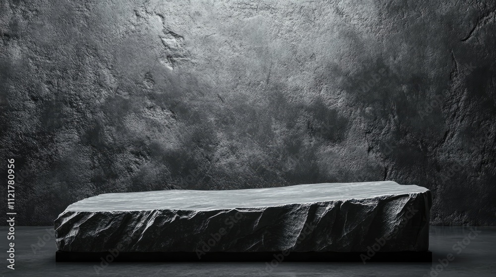 Poster dark gray stone podium display on textured black background for product showcase in studio setting