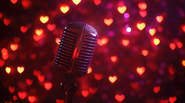 Vintage microphone on a dark background with heart-shaped bokeh lights in soft red and pink tones for a romantic ambiance