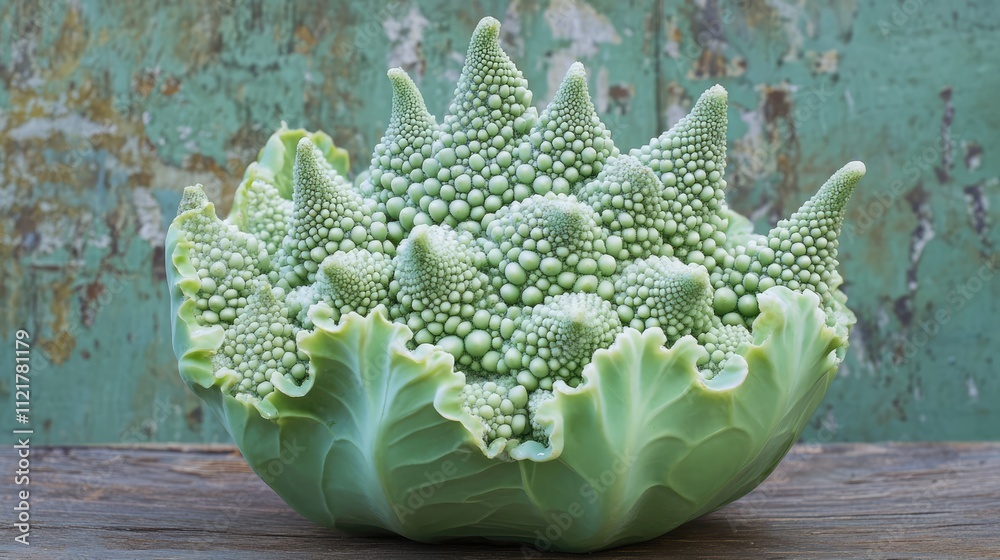 Poster romanesco cabbage showcasing intricate patterns on a rustic wooden surface against a weathered green
