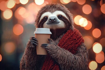 A cheerful sloth holding a coffee cup wrapped in a red scarf stands against a warm bokeh background. 