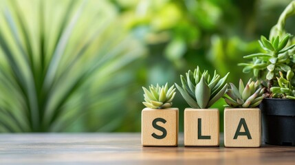 SLA Service Level Agreement Wooden Blocks Surrounded by Succulent Plants on a Green Background Business and Service Concept