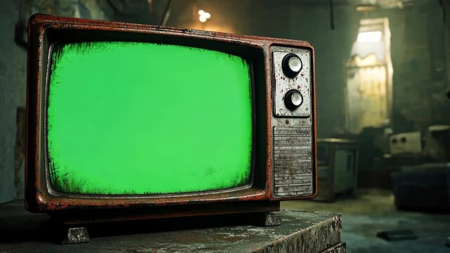 Retro box television set mock up with green screen, nostalgic atmosphere vintage decor. Old fashion TV chroma key template, classic design. Dark abandoned room background. Empty mockup, blank space.