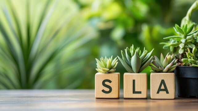 SLA Service Level Agreement Wooden Blocks Surrounded by Succulent Plants on a Green Background Business and Service Concept