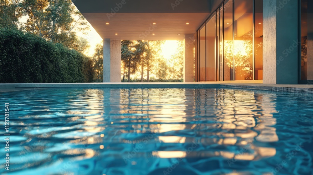 Poster Villa exterior reflected in serene pool water at sunset with lush greenery surrounding the property creating a tranquil atmosphere.