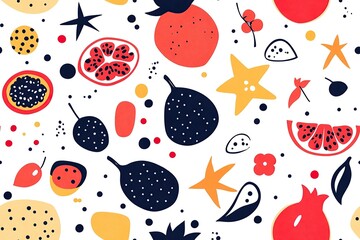 Seamless pattern with fruits and berries in a minimalist style on a white background.