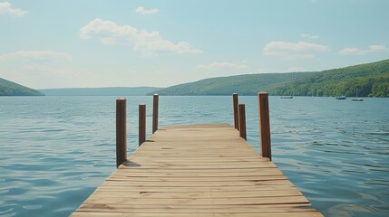 Fototapeta premium Tranquil wooden path leading to serene lake minimalist nature landscape wallpaper