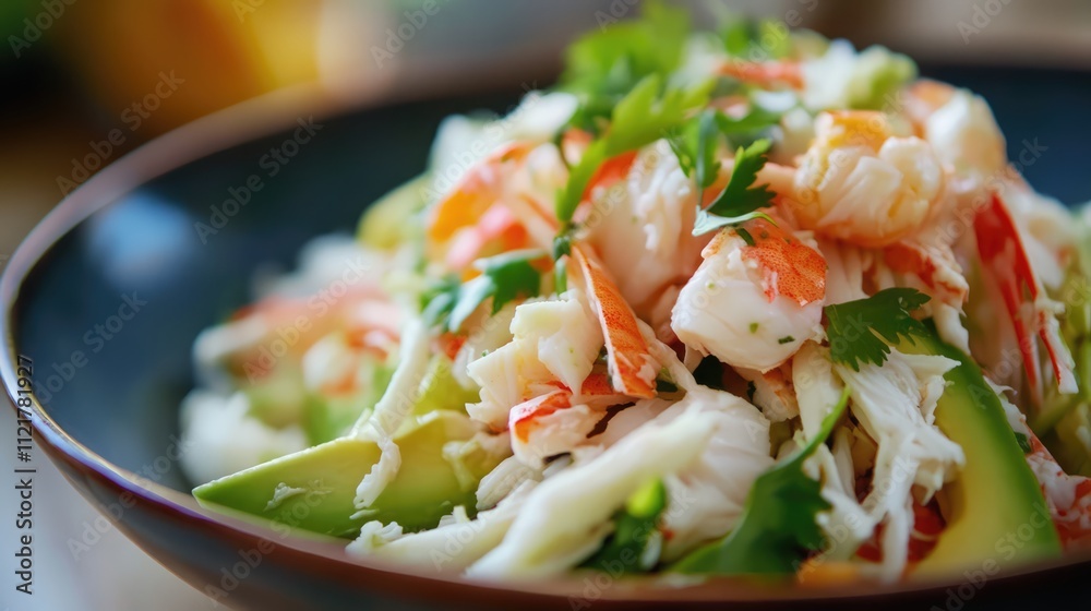 Poster fresh and vibrant avocado and crab stick salad garnished with herbs in a stylish bowl on a rustic wo