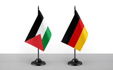 Image of the table flag of Palestine and Germany countries. White background. Close-up flags. High...