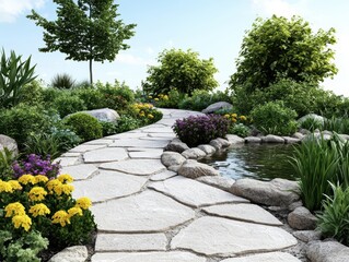 Obraz premium A serene garden path surrounded by colorful plants and flowers.