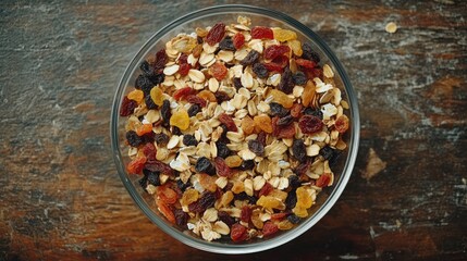 Nutritious muesli bowl from above showcasing a vibrant mix of oats and dried fruits for a healthy breakfast option
