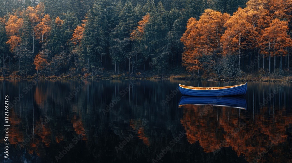 Poster serene lake with a blue boat reflecting autumn forest colors in calm waters creating a tranquil natu
