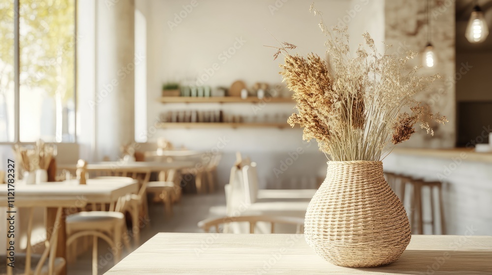 Poster cozy rustic cafe interior with wicker vase and dried flowers featuring warm minimalist design and in