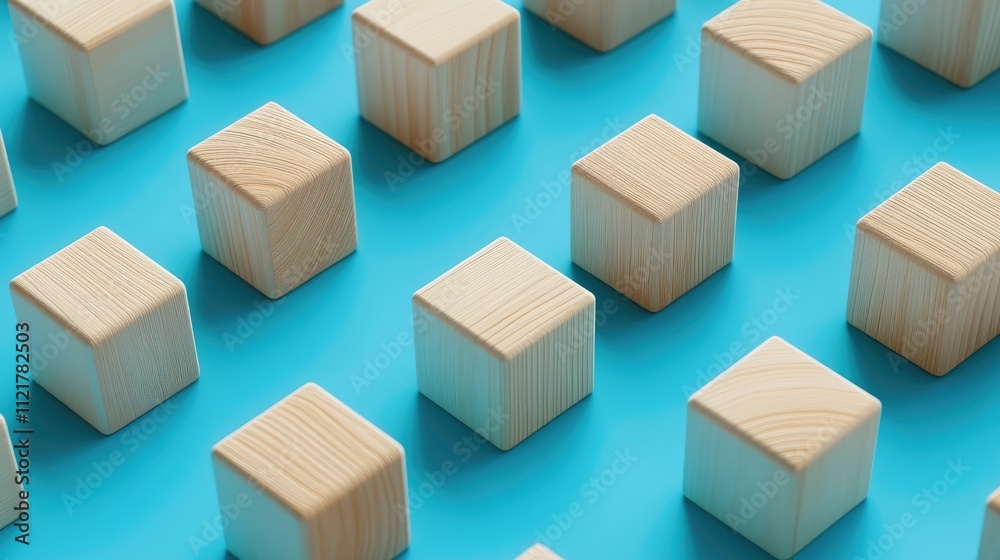 Poster Wooden cubes arranged on a vibrant blue background creating a modern and minimalist aesthetic suitable for various design projects