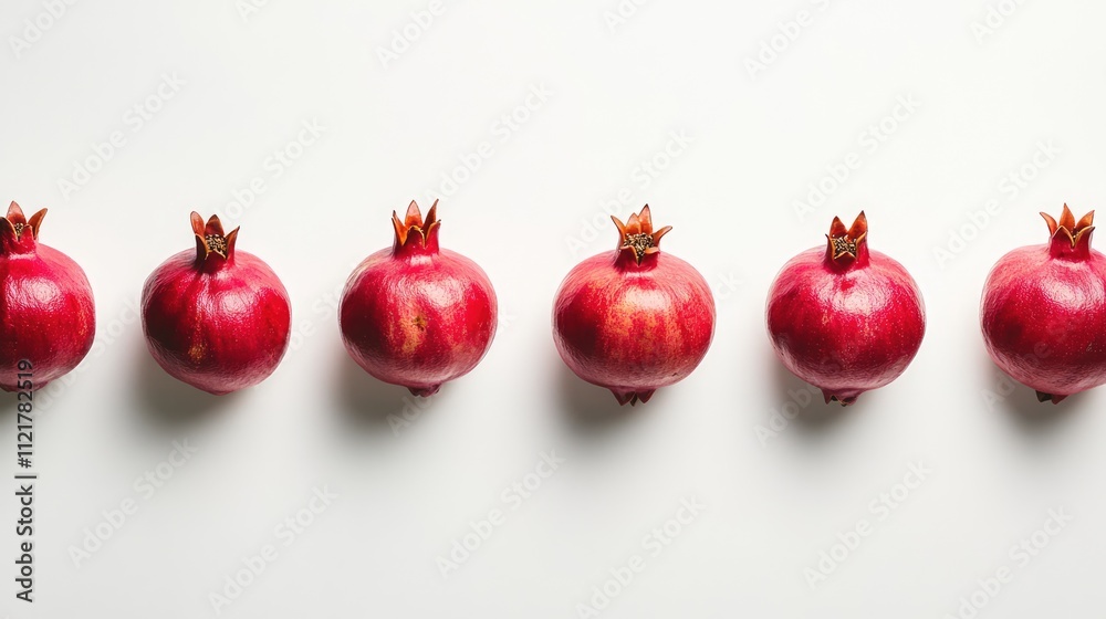 Leinwandbilder fresh ripe pomegranates arranged in a row on a clean white background showcasing their vibrant color