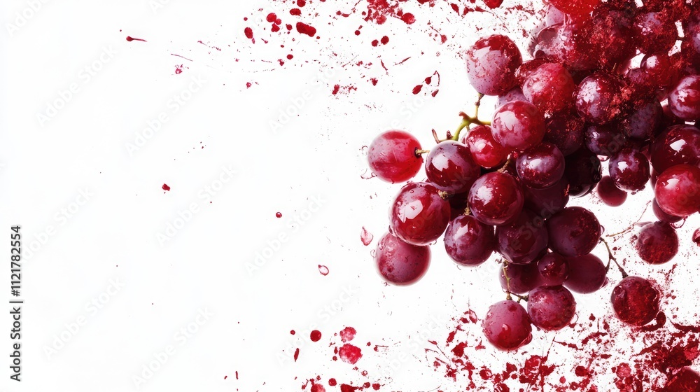 Aufkleber Fresh red grapes cluster with splashes of juice on a clean white background ideal for advertisements and food-related content.