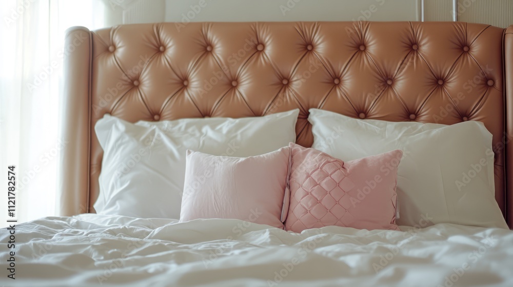 Aufkleber Cozy bedroom with plush pillows on a luxurious tufted headboard inviting relaxation and comfort in a warm and inviting setting