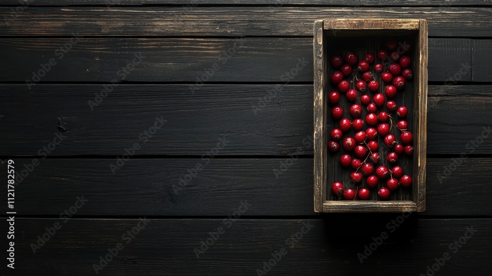 Poster red rowanberries in a rustic wooden box on a black wooden surface top view with space for text and s