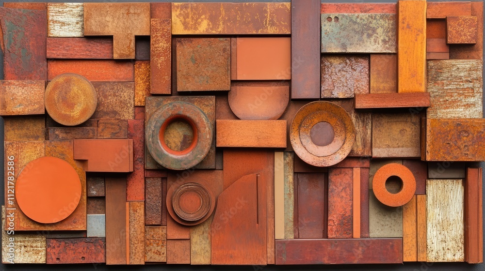 Aufkleber abstract arrangement of textured metal and wood pieces creating a vibrant composition of shapes and 