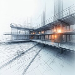 AI-Assisted Modern Architectural Design Blueprint with Sunset Highlights