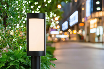 Urban street illuminated by modern lamp with blurred city lights at night