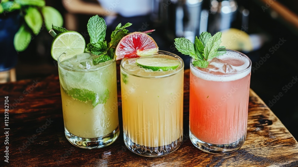 Poster refreshing rhubarb mint lime mocktails in stylish glasses on rustic table