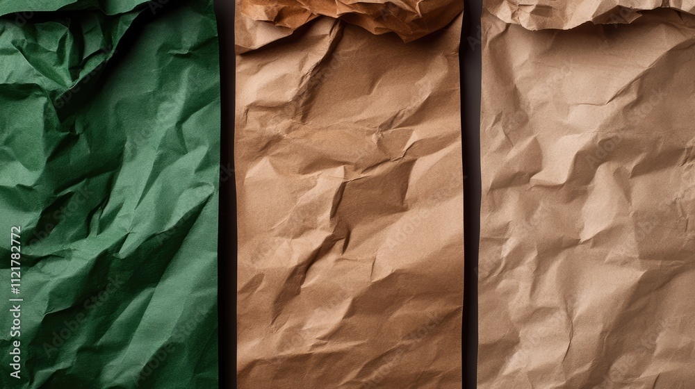 Poster textured kraft paper backdrop in beige and green hues with crumpled layers suitable for mockup desig