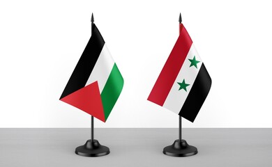 Image of the table flag of Palestine and Syria countries. White background. Close-up flags. High...