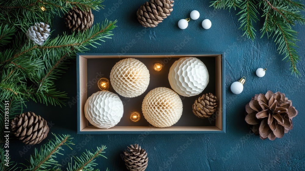 Aufkleber scandinavian christmas honeycomb ornaments in a box surrounded by pine cones and greenery on a dark 