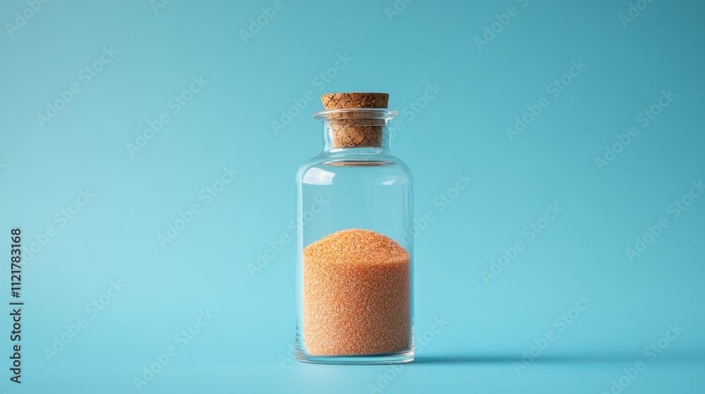 Poster red sand in a glass bottle with cork against a vibrant blue background highlighting texture and colo
