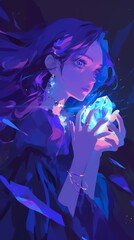 Mystical Blue-Hued Anime Girl Holding a Glowing Gem. Vibrant Anime Illustration.