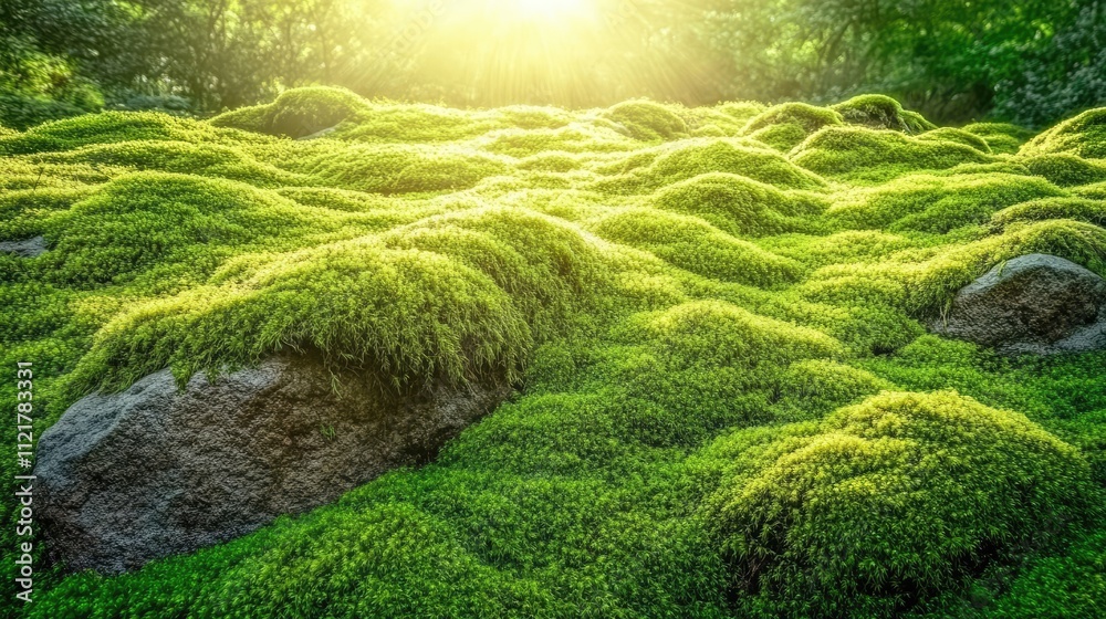 Poster lush green moss covering rocks in a serene forest illuminated by sunlight creating a tranquil and vi