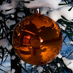 3d renering scene with christmas ball reflecting snowman