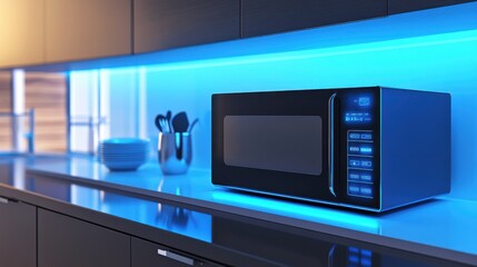 Modern Kitchen Interior with Stylish Microwave Oven on Countertop and Neon Backlighting, Contemporary Design with Elegant Accessories and Clean Lines