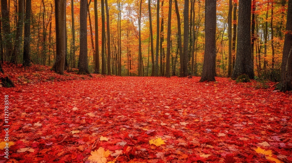 Aufkleber autumn forest scene with vibrant red maple leaves covering the ground and trees showcasing fall colo