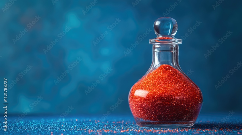 Poster red sand in a glass bottle displayed on a blue textured background creating a striking visual contra
