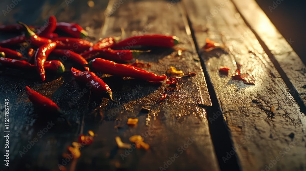 Poster fresh red chili peppers scattered on a rustic wooden table with warm lighting showcasing their vibra