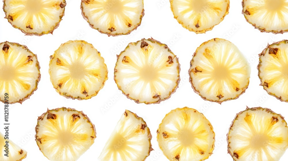 Poster sliced ripe pineapple circles arranged in a symmetrical pattern on a clean white background showcasi