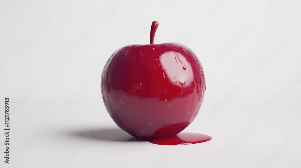 Poster glossy red apple with droplets and spilled juice on white background showcasing freshness and tempta