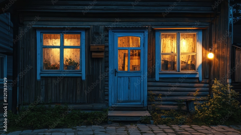 Poster Evening scene of a rustic house with blue windows illuminated in a quiet village setting showcasing warmth and charm.