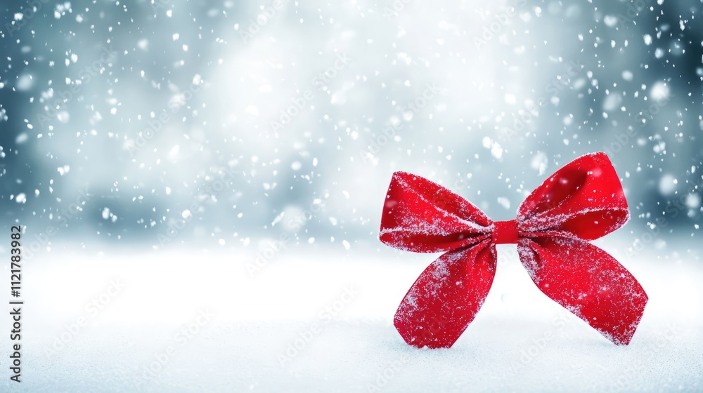 Poster red bow on fresh snow background with falling snowflakes creating a festive winter atmosphere ideal 
