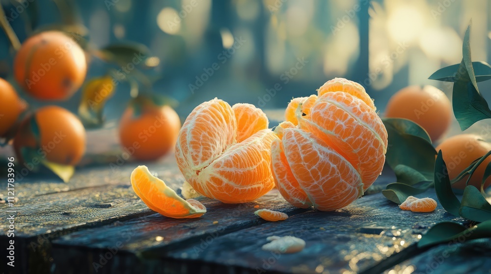 Poster ripe peeled mandarin fruit displayed on rustic wood with blurred cluster of mandarin fruits and leav
