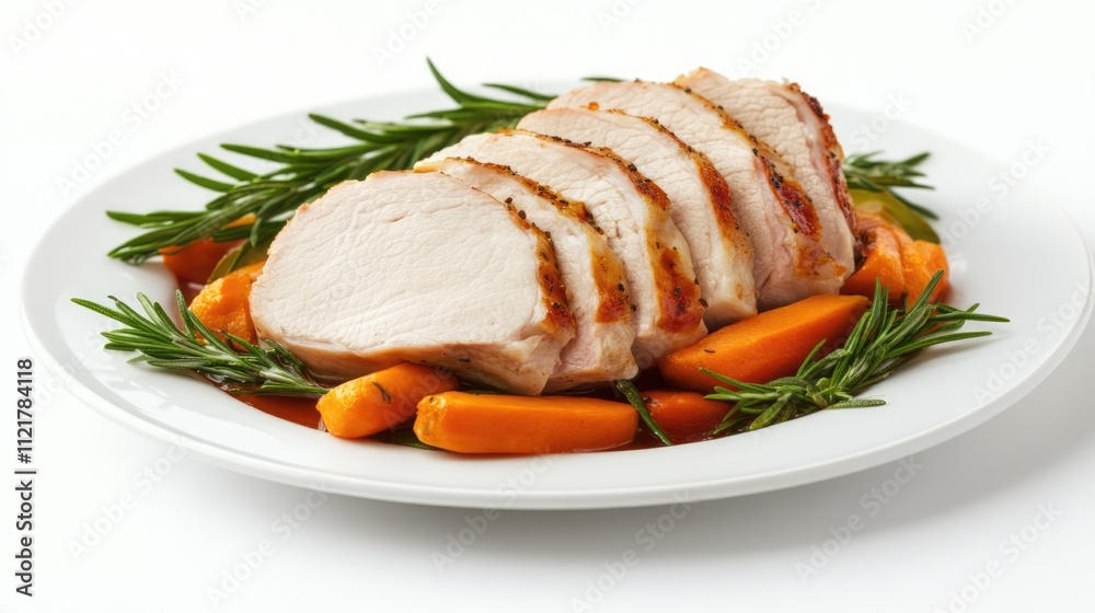 Poster roast pork served with colorful vegetables and fresh herbs on a white plate for an appetizing culina