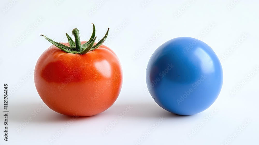Poster fresh red tomato alongside a smooth blue sphere isolated on a clean white backdrop showcasing color 