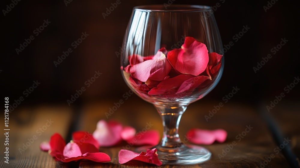 Poster glass filled with vibrant rose petals resting on a wooden table creating a romantic and elegant atmo