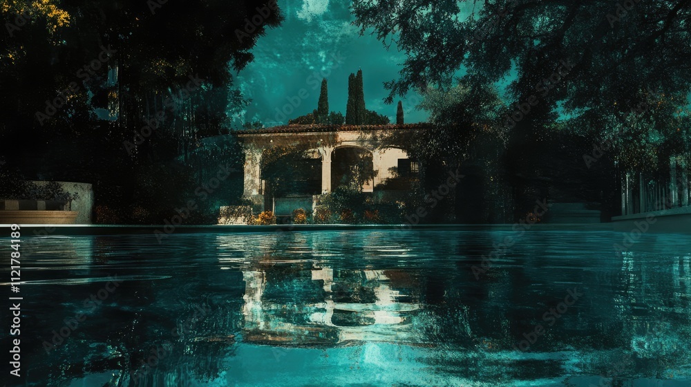 Poster Villa reflection in tranquil pool water surrounded by lush greenery and atmospheric lighting creating a serene and picturesque scene