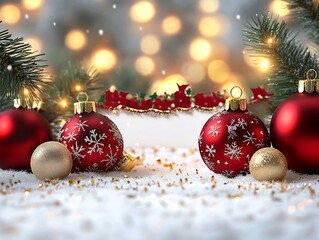 Festive Christmas Banner with Glittering Ornaments and Snowy Pine Branches