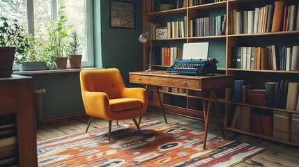 Retro-inspired home office with a typewriter and Scandinavian design. AI generated illustration