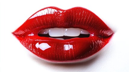 Shiny red lip gloss applied on full lips showcasing vibrant color and luxurious texture against a clean white background
