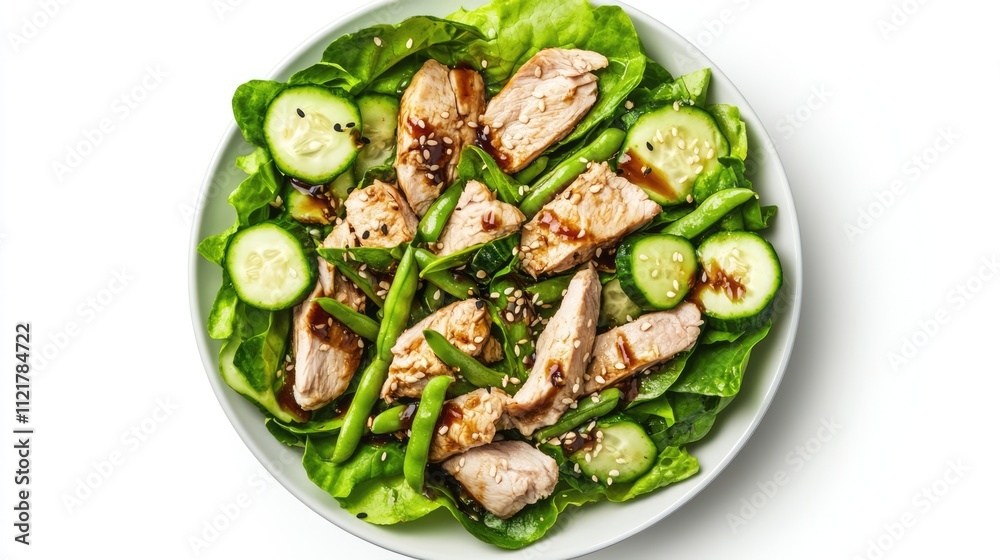 Poster Chicken and vegetable salad with asparagus green beans zucchini cucumber and lettuce topped with soy sauce viewed from above on a white background