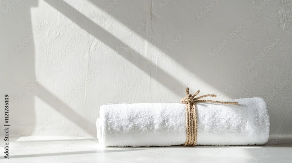 Leinwandbilder White spa towel elegantly rolled and tied with hemp rope on a bright counter table with soft shadows and ample copy space for design use